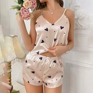 SHEIN Cream Satin Heart Print Cami & Shorts Pajama Set